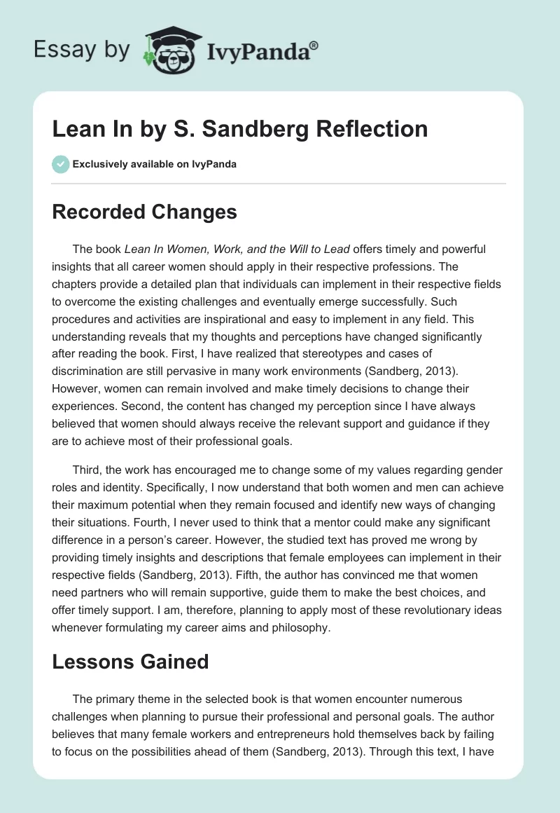"Lean In" by S. Sandberg Reflection. Page 1