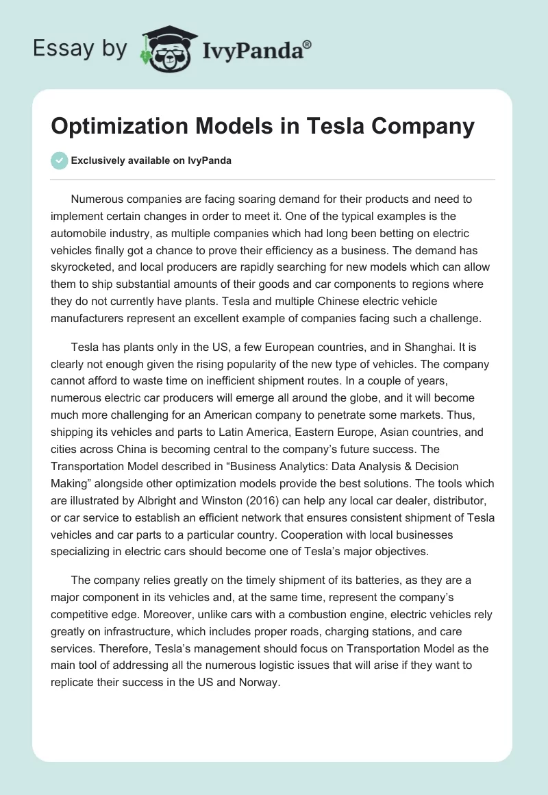 Optimization Models in Tesla Company. Page 1