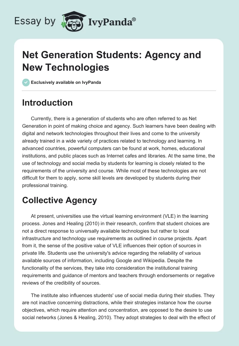 Net Generation Students: Agency and New Technologies. Page 1