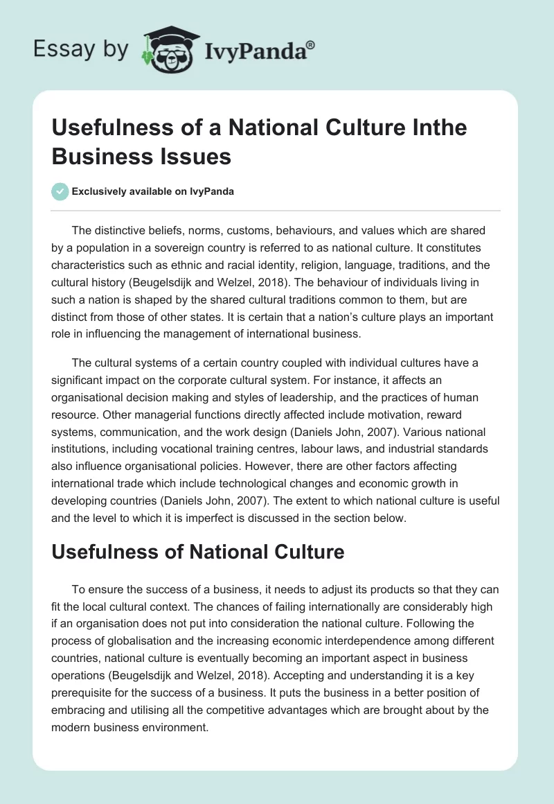 Usefulness of a National Culture Inthe Business Issues. Page 1