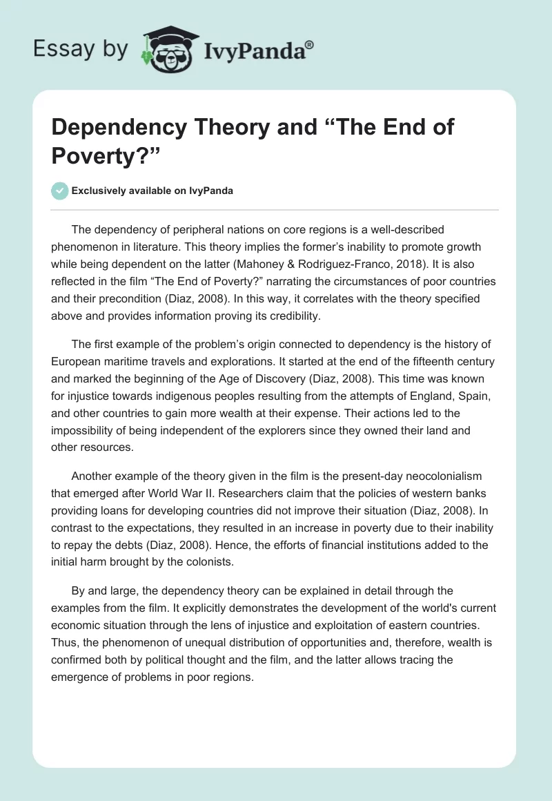 Dependency Theory and “The End of Poverty?”. Page 1