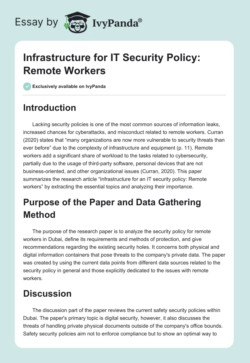 Infrastructure for IT Security Policy: Remote Workers. Page 1