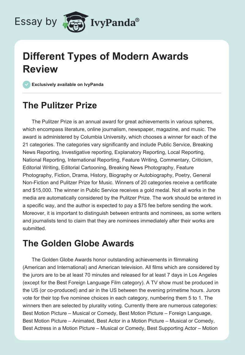 Different Types of Modern Awards Review. Page 1