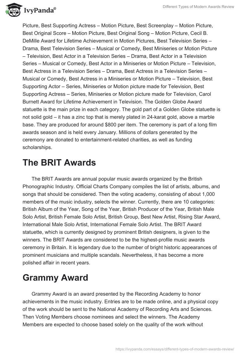 Different Types of Modern Awards Review. Page 2