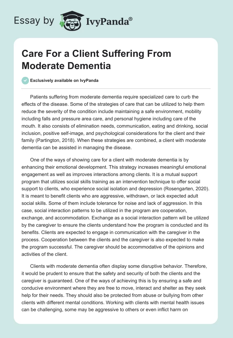 Care For a Client Suffering From Moderate Dementia. Page 1