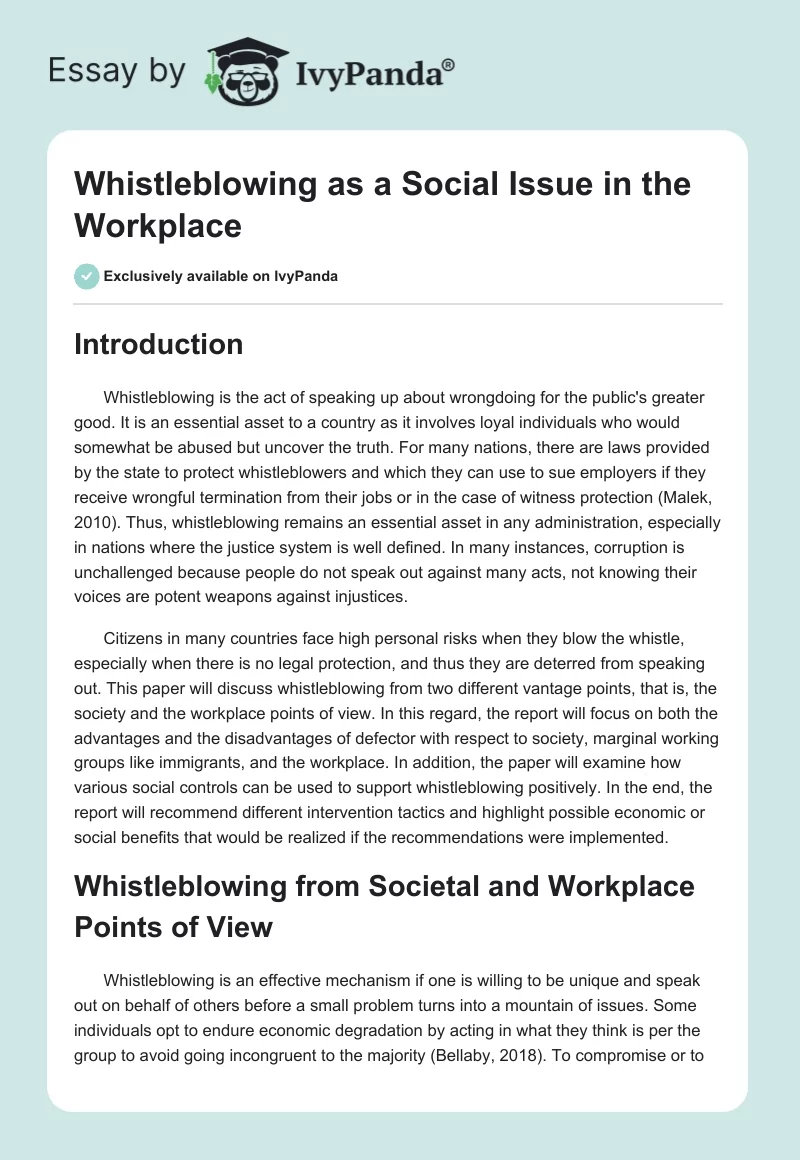 Whistleblowing as a Social Issue in the Workplace. Page 1
