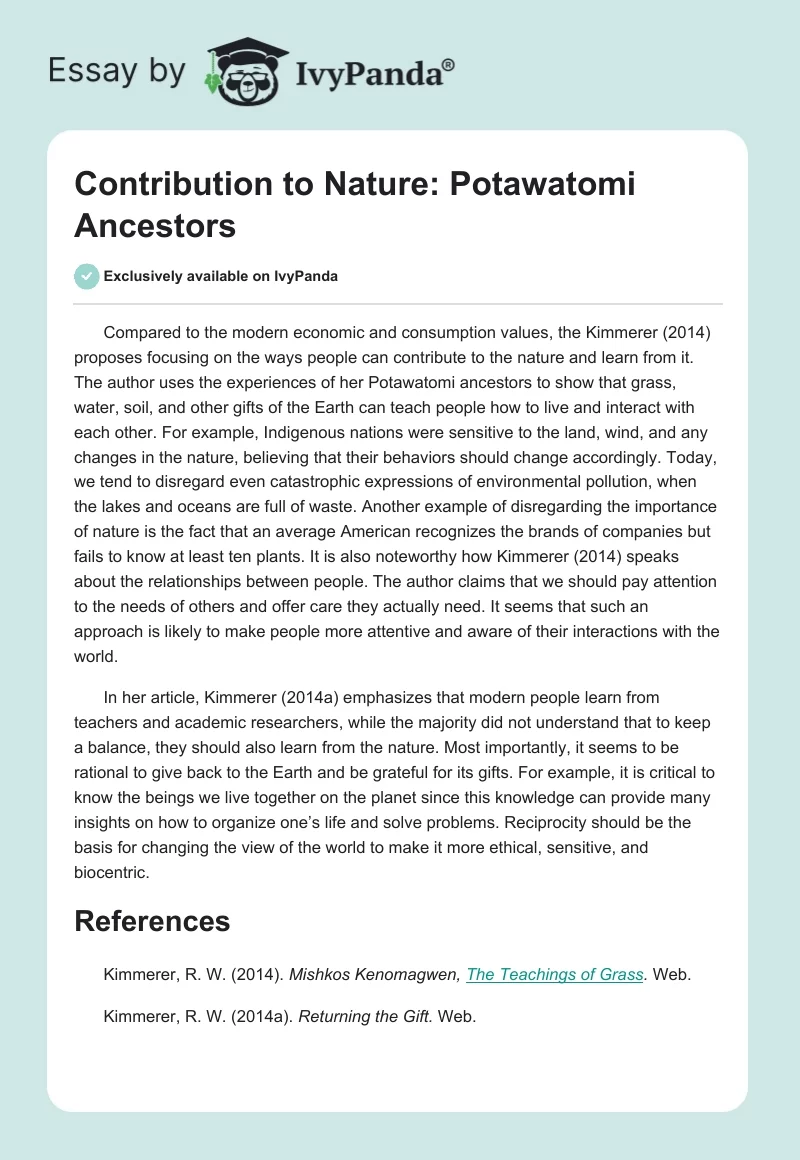 Contribution to Nature: Potawatomi Ancestors. Page 1