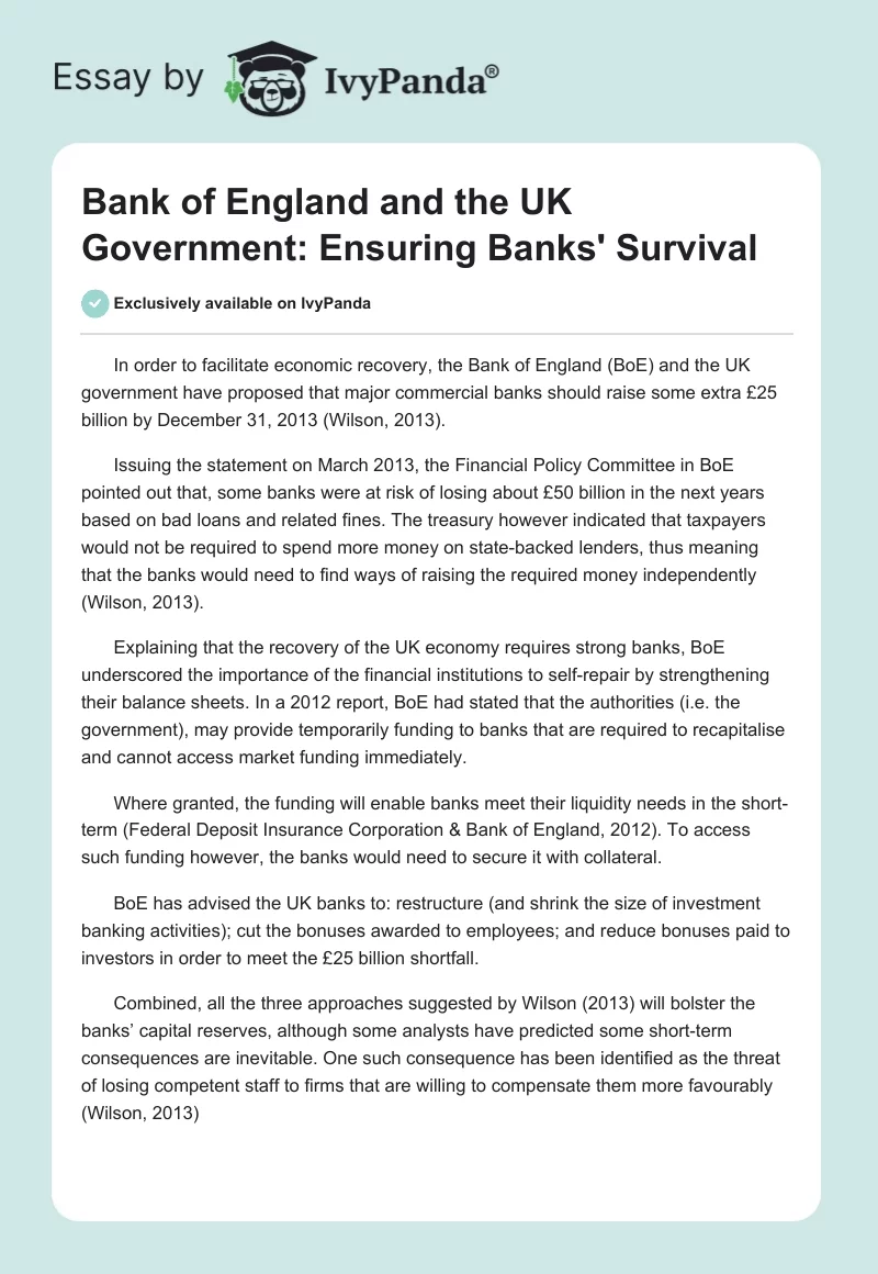 Bank of England and the UK Government: Ensuring Banks' Survival. Page 1