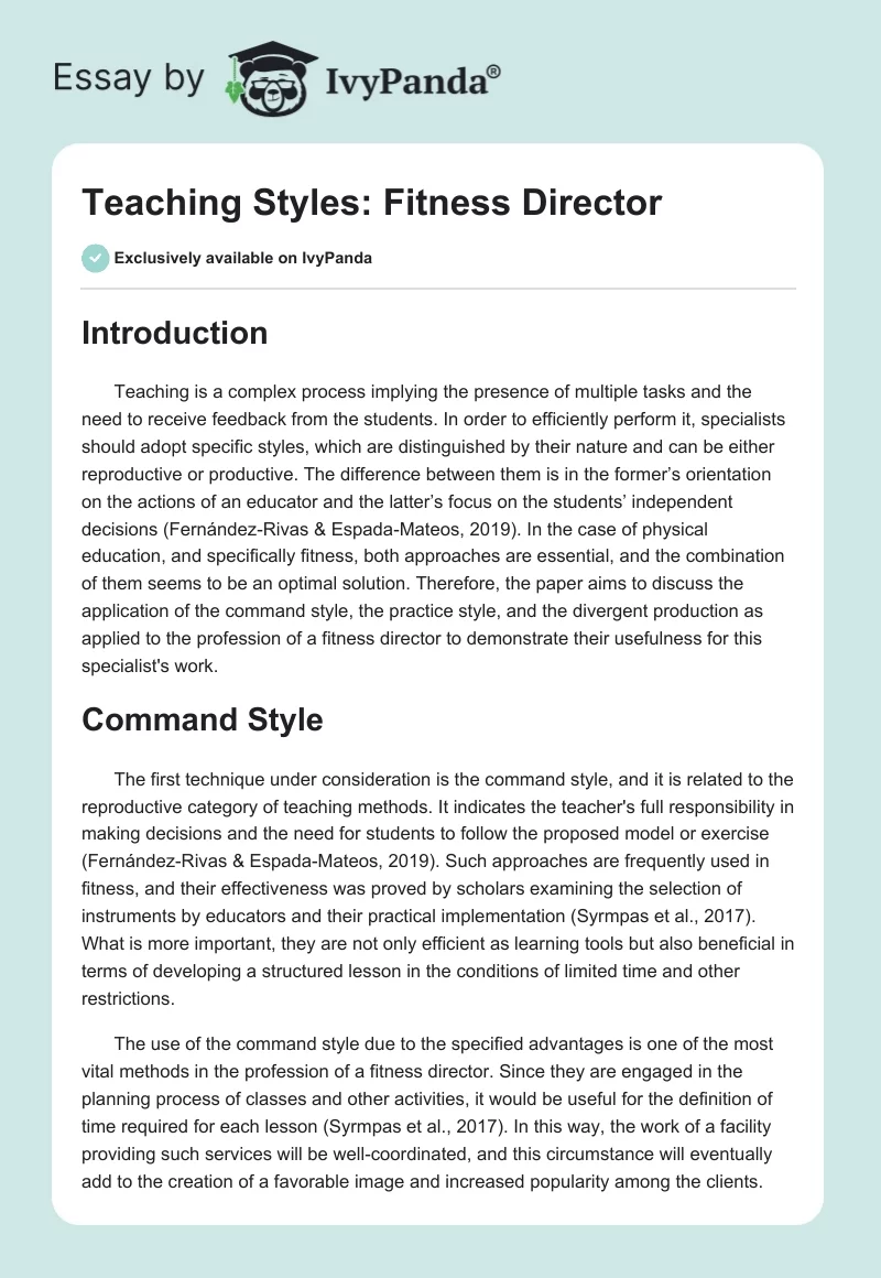 Teaching Styles: Fitness Director. Page 1