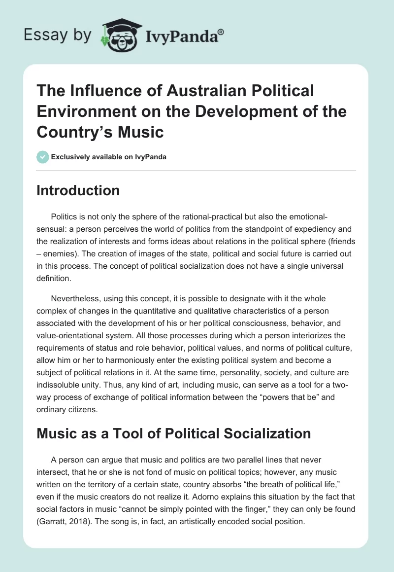 The Influence of Australian Political Environment on the Development of the Country’s Music. Page 1