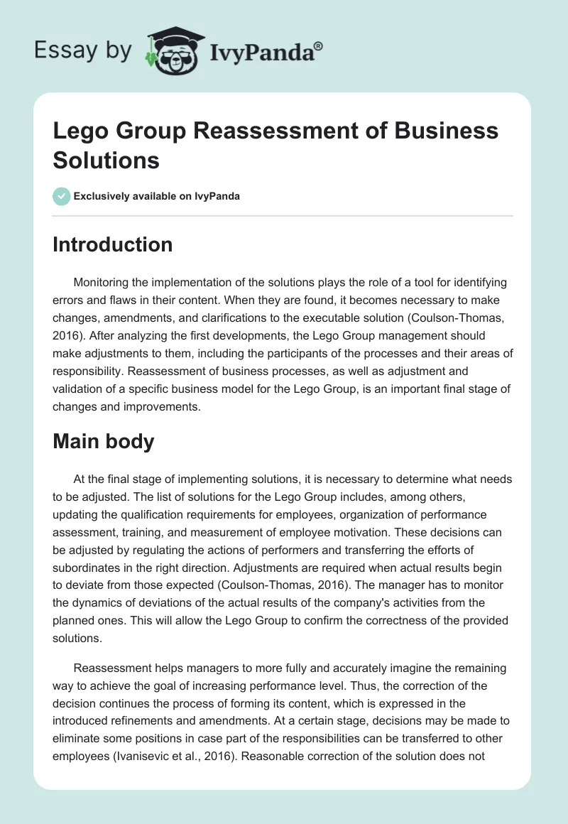 Lego Group Reassessment of Business Solutions. Page 1