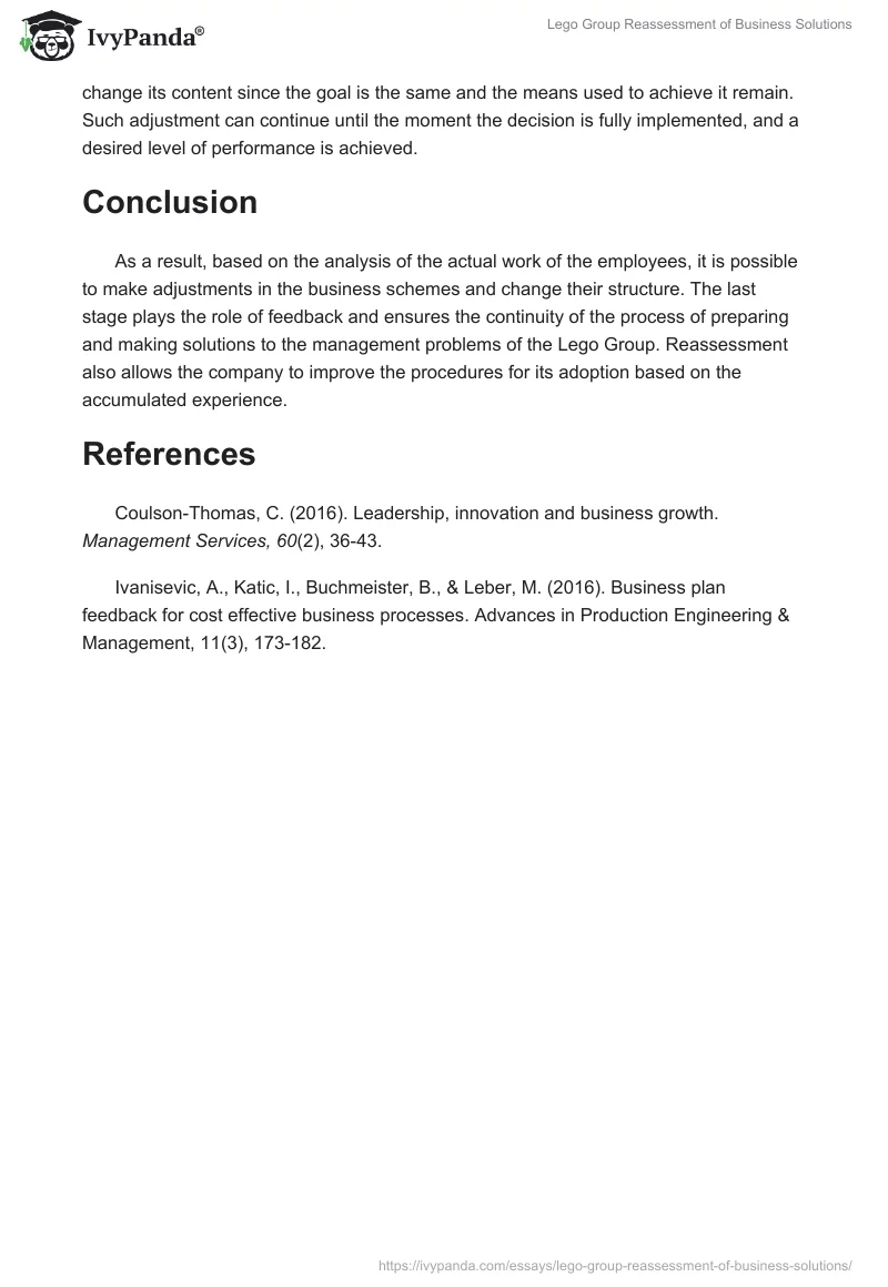 Lego Group Reassessment of Business Solutions. Page 2