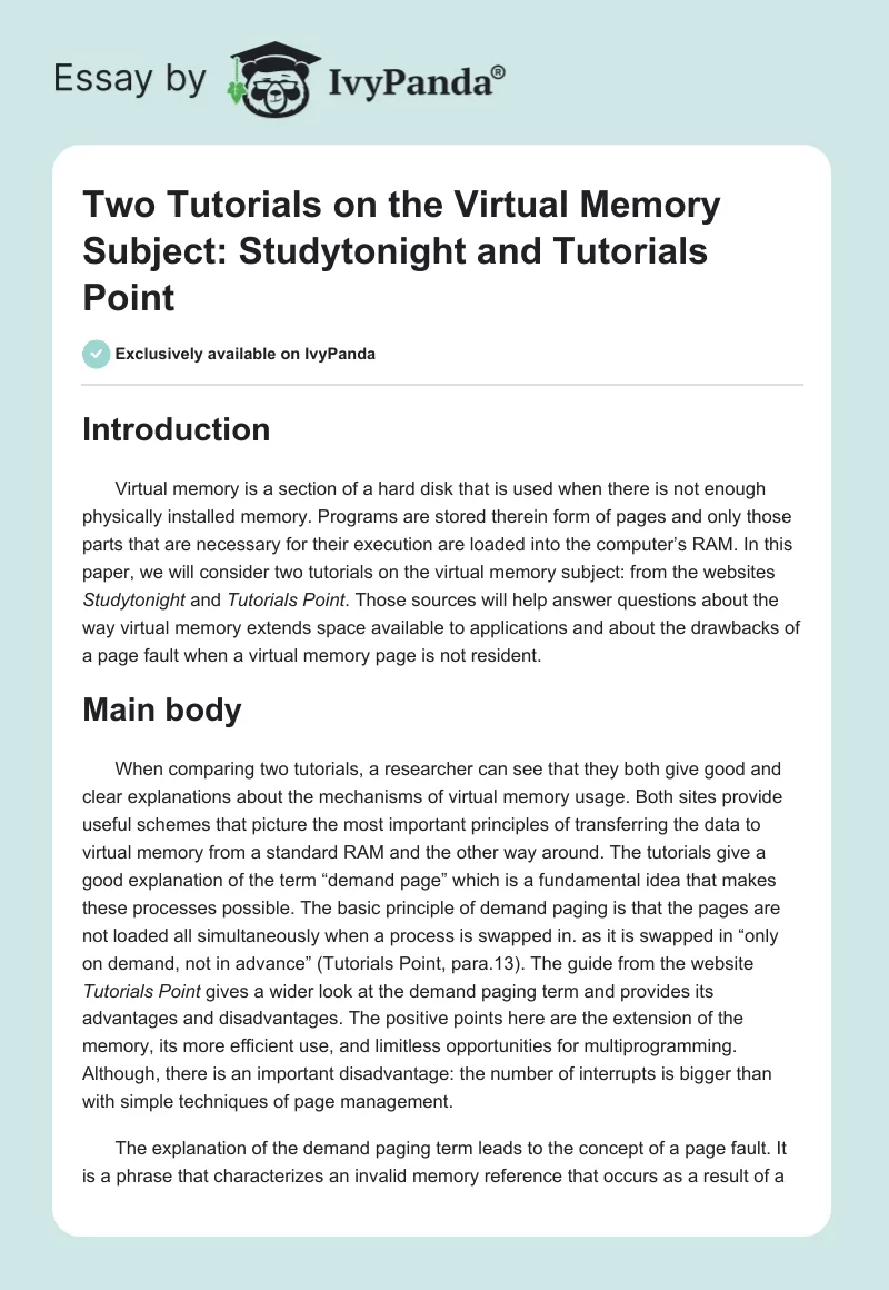 Two Tutorials on the Virtual Memory Subject: Studytonight and Tutorials Point. Page 1