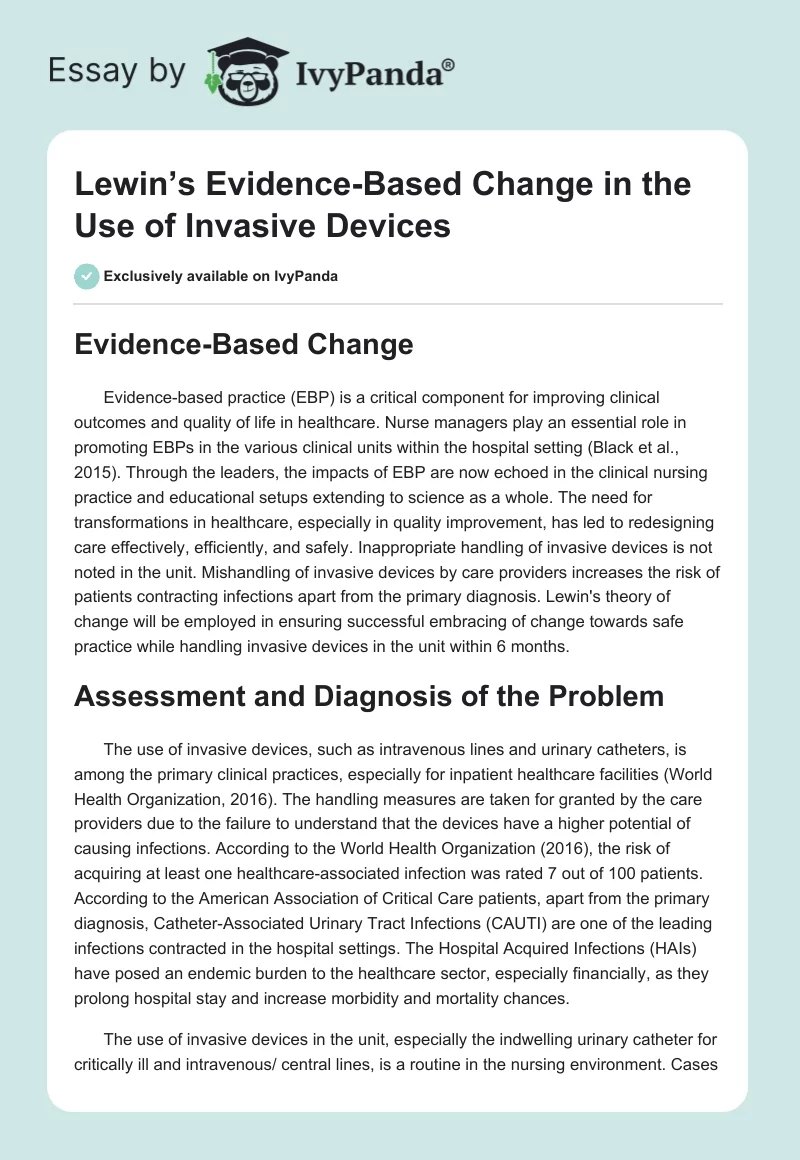 Lewin’s Evidence-Based Change in the Use of Invasive Devices. Page 1