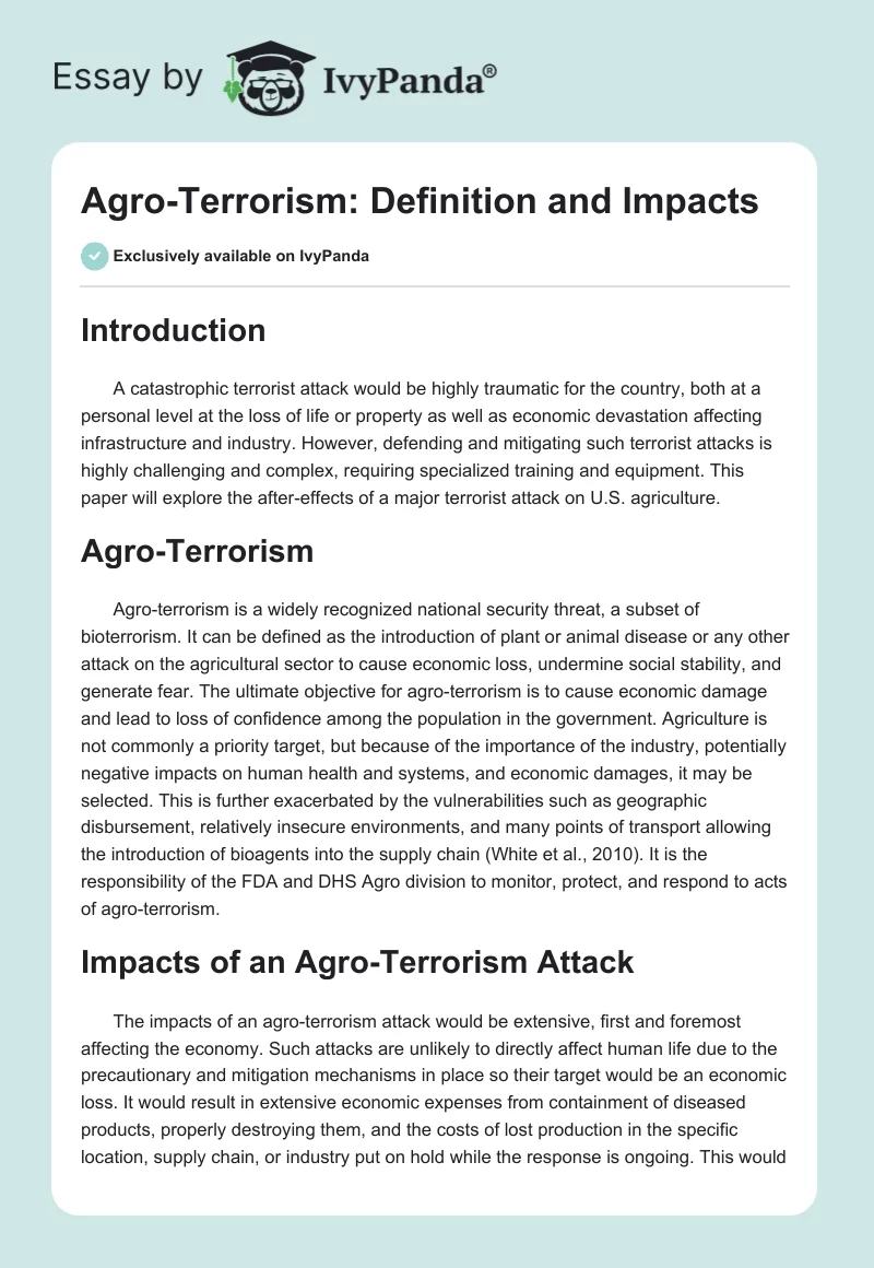 Agro-Terrorism: Definition and Impacts. Page 1