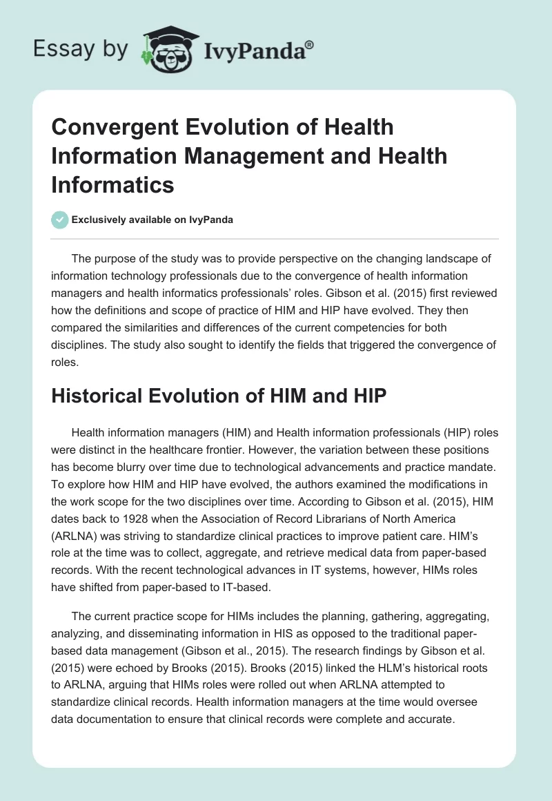Convergent Evolution of Health Information Management and Health Informatics. Page 1