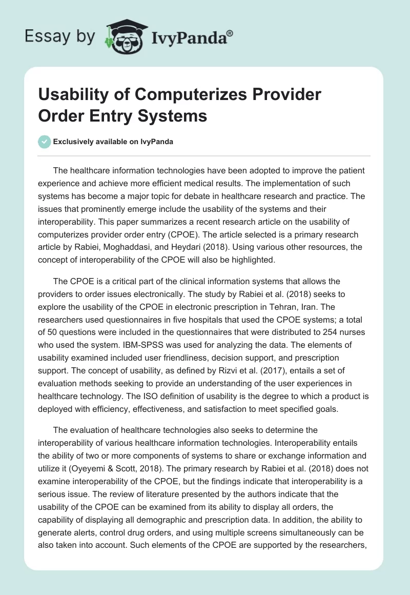 Usability of Computerizes Provider Order Entry Systems. Page 1