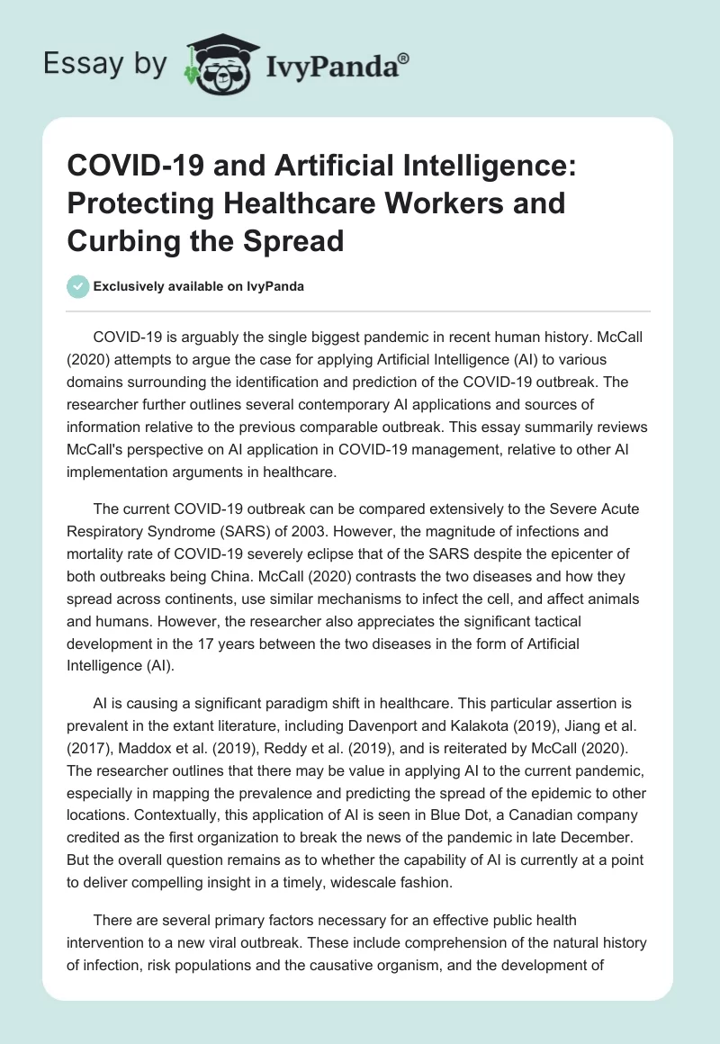 COVID-19 and Artificial Intelligence: Protecting Healthcare Workers and Curbing the Spread. Page 1