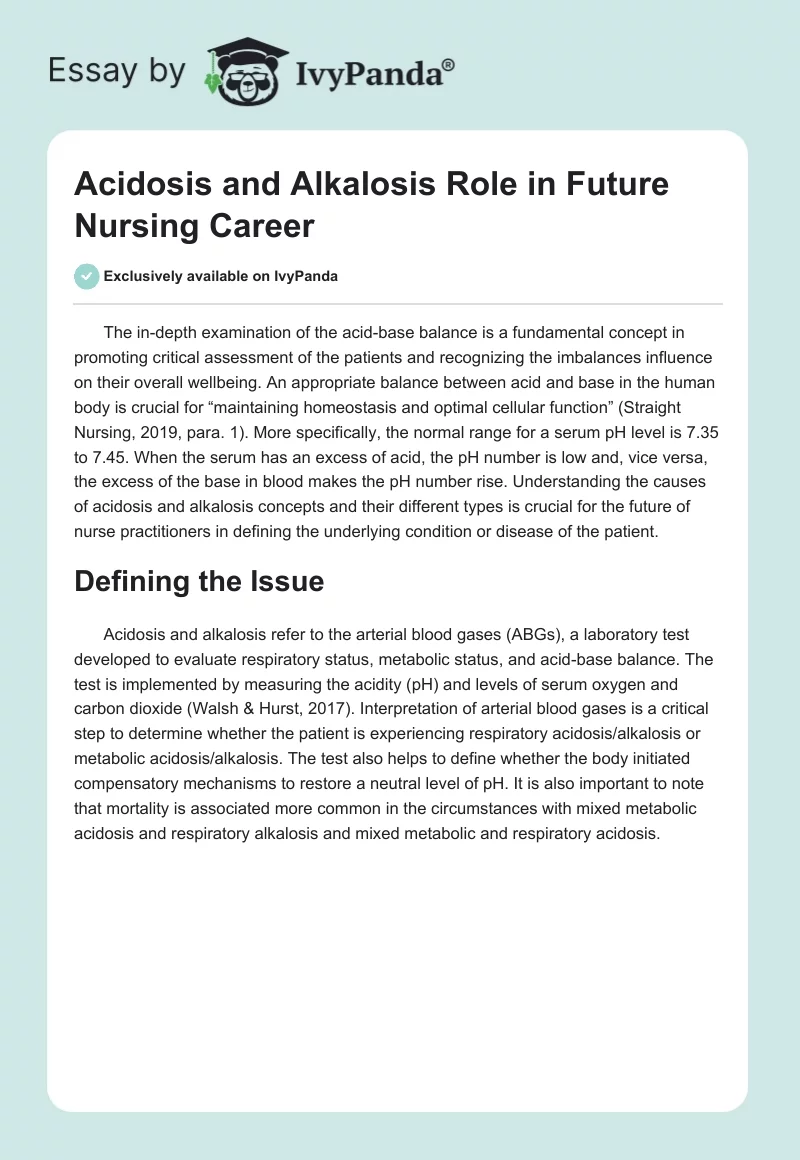 Acidosis and Alkalosis Role in Future Nursing Career. Page 1