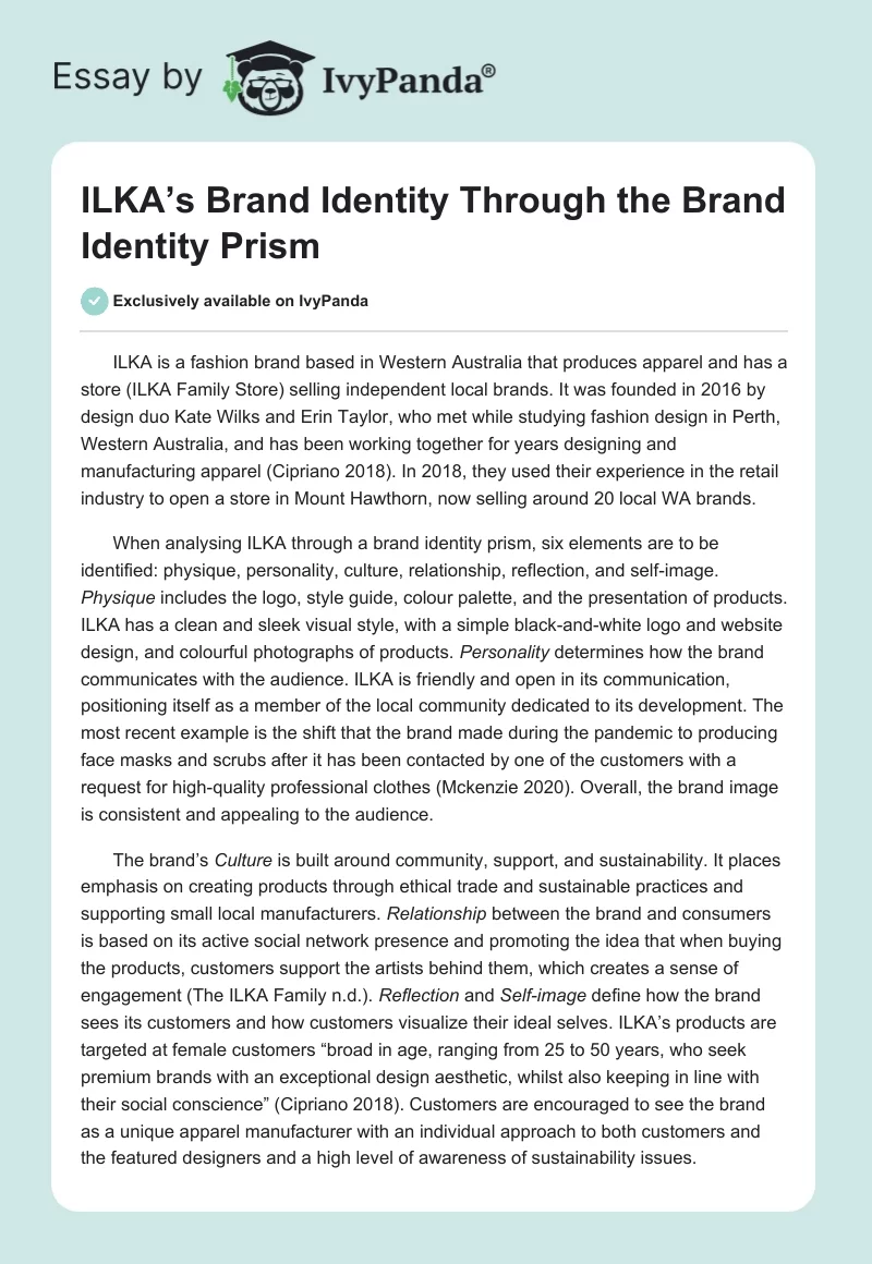 ILKA’s Brand Identity Through the Brand Identity Prism. Page 1