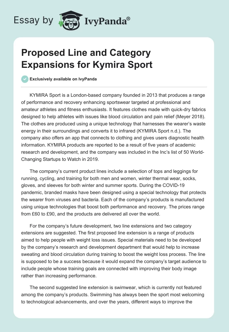 Proposed Line and Category Expansions for Kymira Sport. Page 1