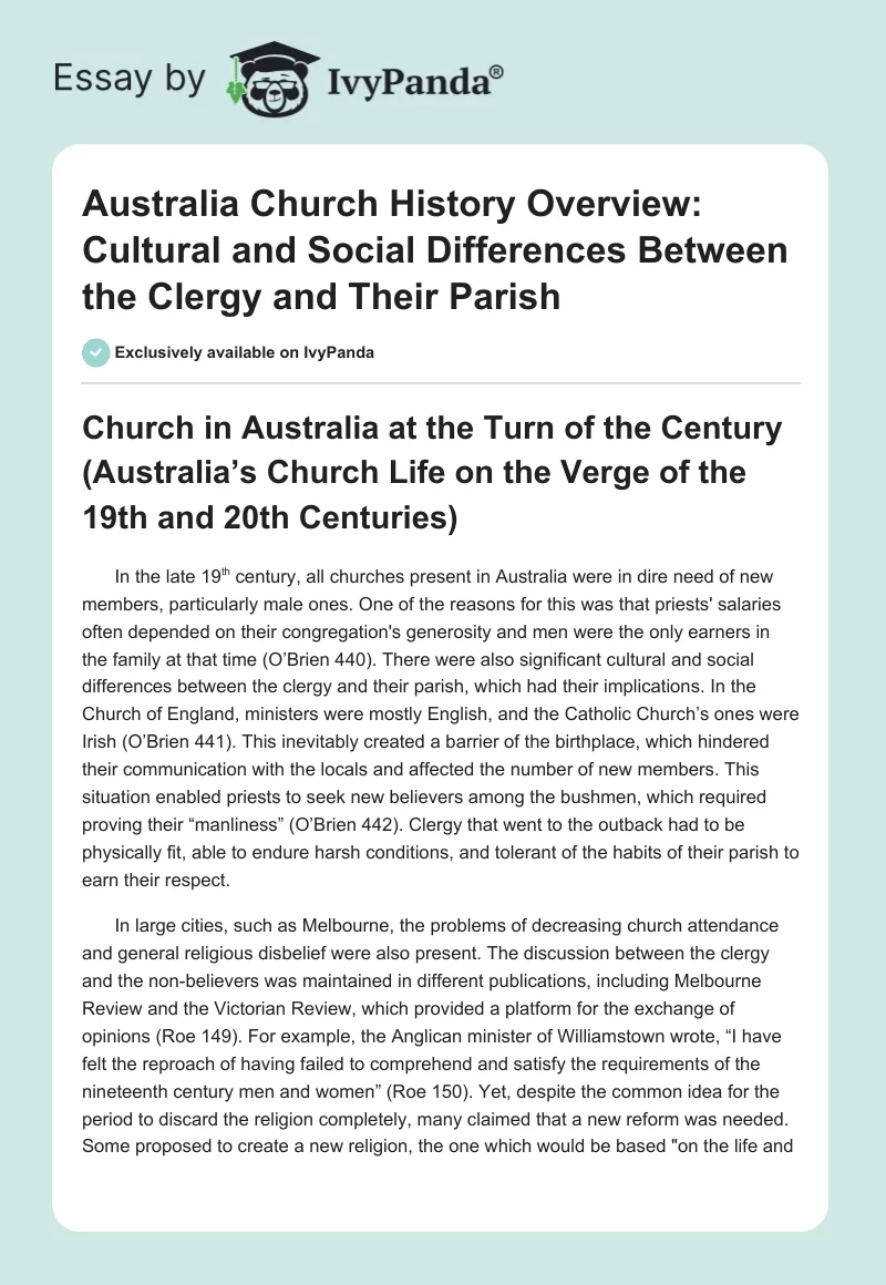 Australia Church History Overview: Cultural and Social Differences Between the Clergy and Their Parish. Page 1