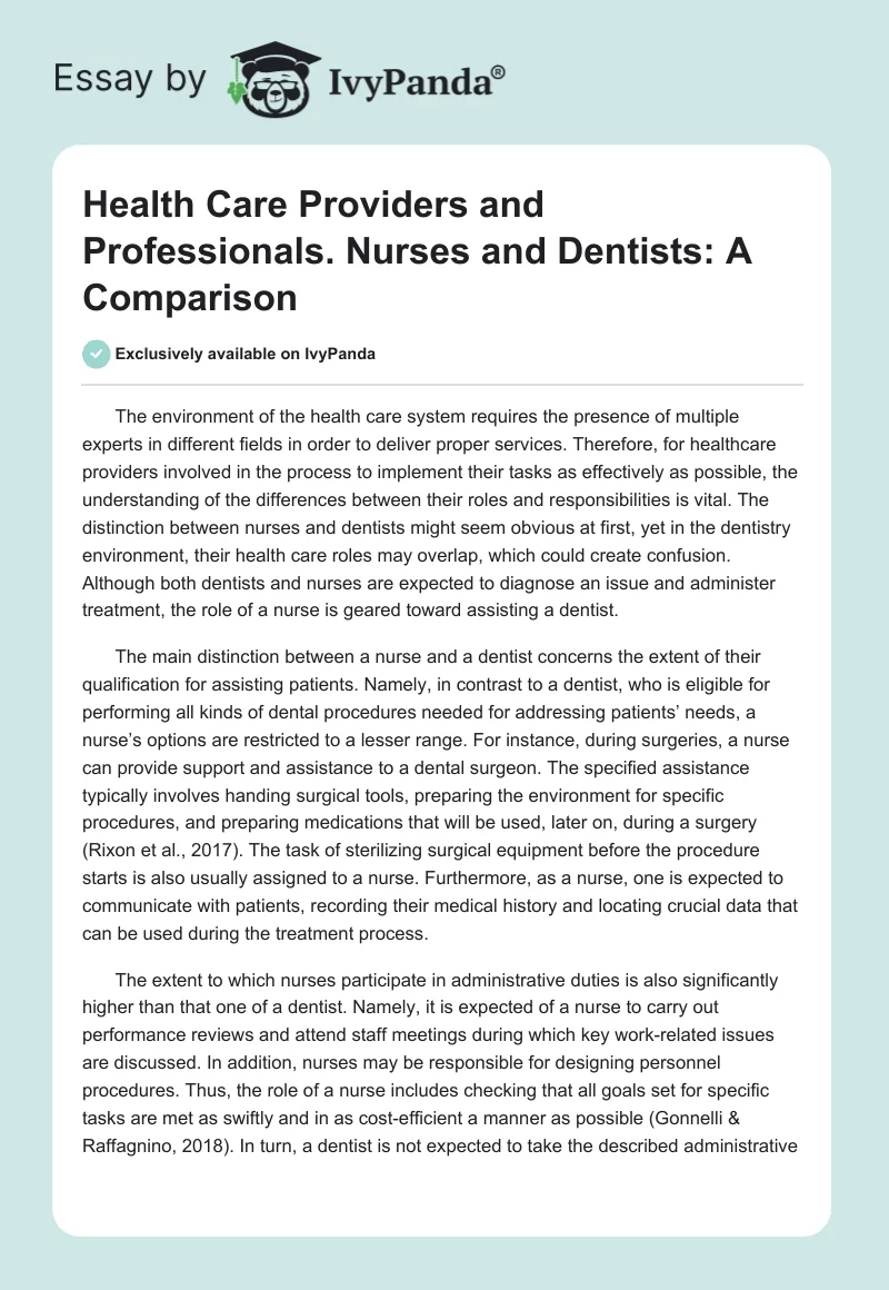 Health Care Providers and Professionals. Nurses and Dentists: A Comparison. Page 1