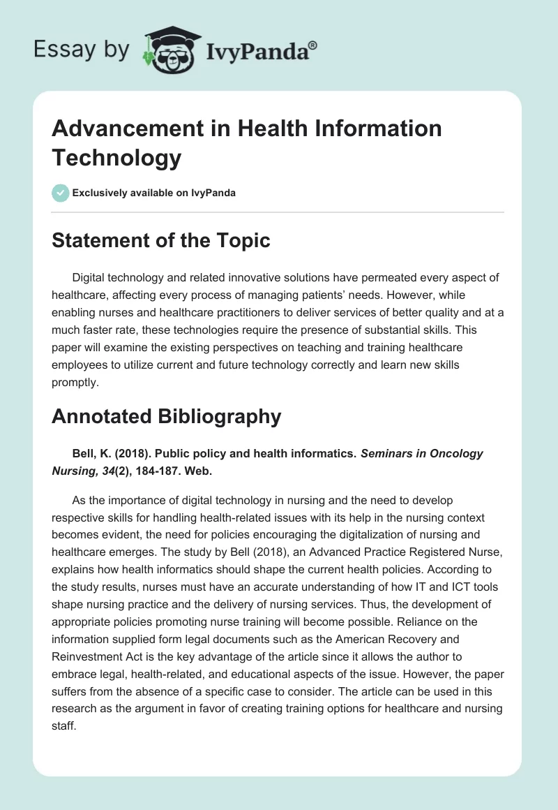 Advancement in Health Information Technology. Page 1