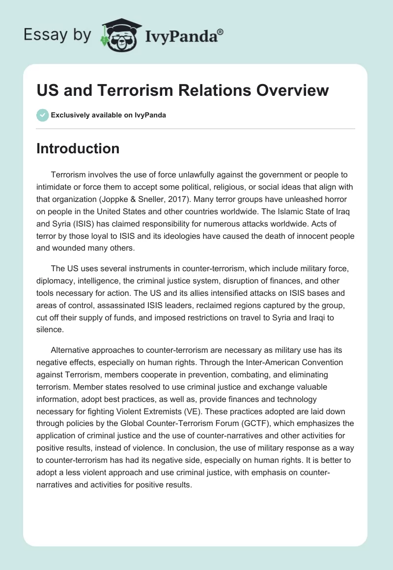 US and Terrorism Relations Overview. Page 1