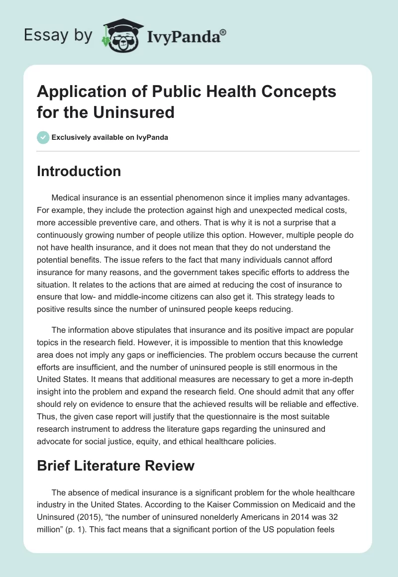 Application of Public Health Concepts for the Uninsured. Page 1