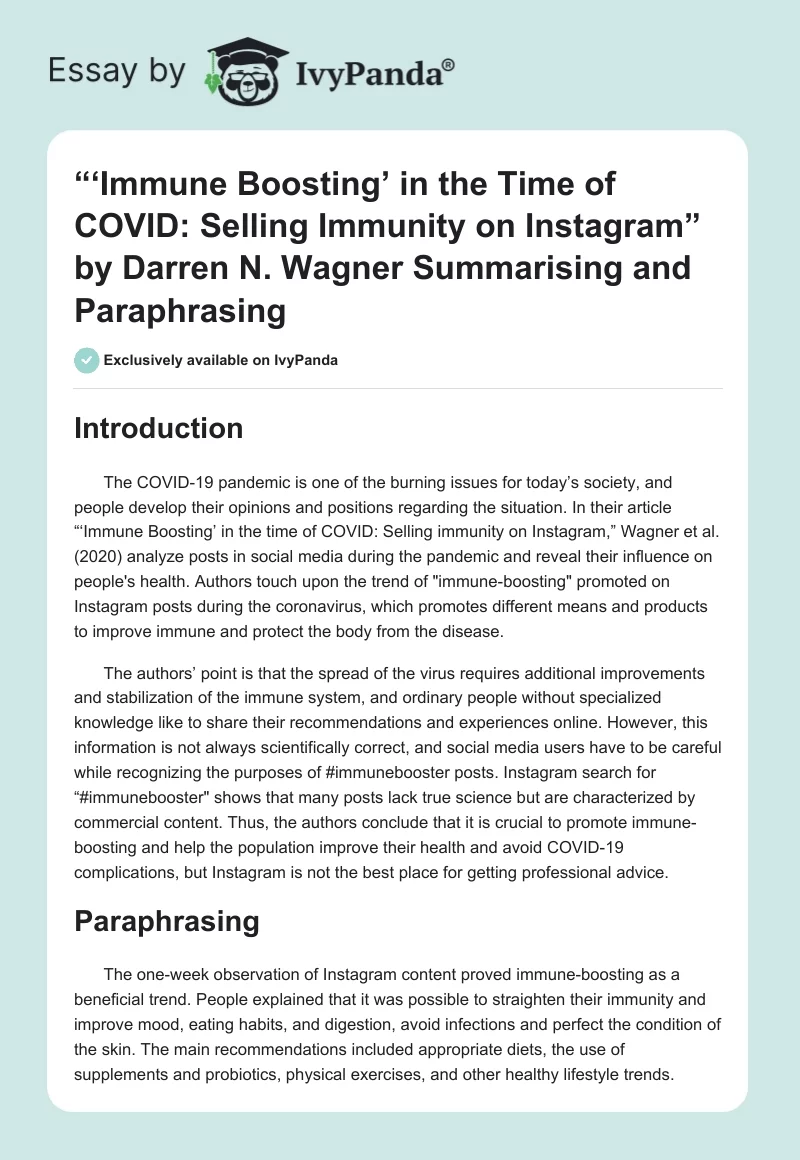 “‘Immune Boosting’ in the Time of COVID: Selling Immunity on Instagram” by Darren N. Wagner Summarising and Paraphrasing. Page 1