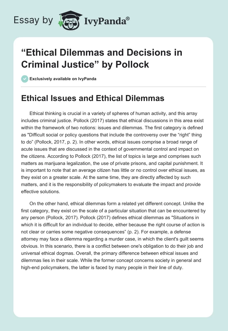 “Ethical Dilemmas and Decisions in Criminal Justice” by Pollock. Page 1