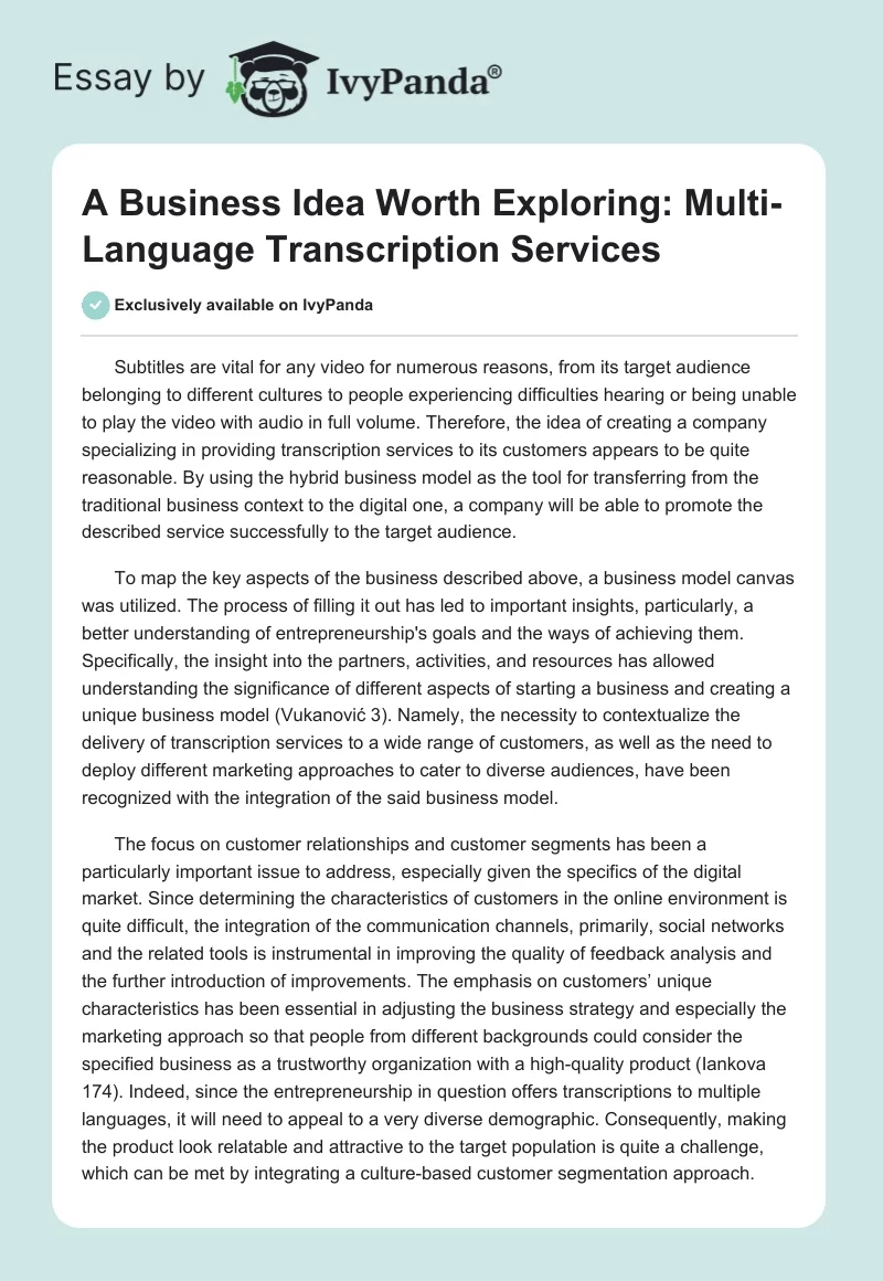 A Business Idea Worth Exploring: Multi-Language Transcription Services. Page 1