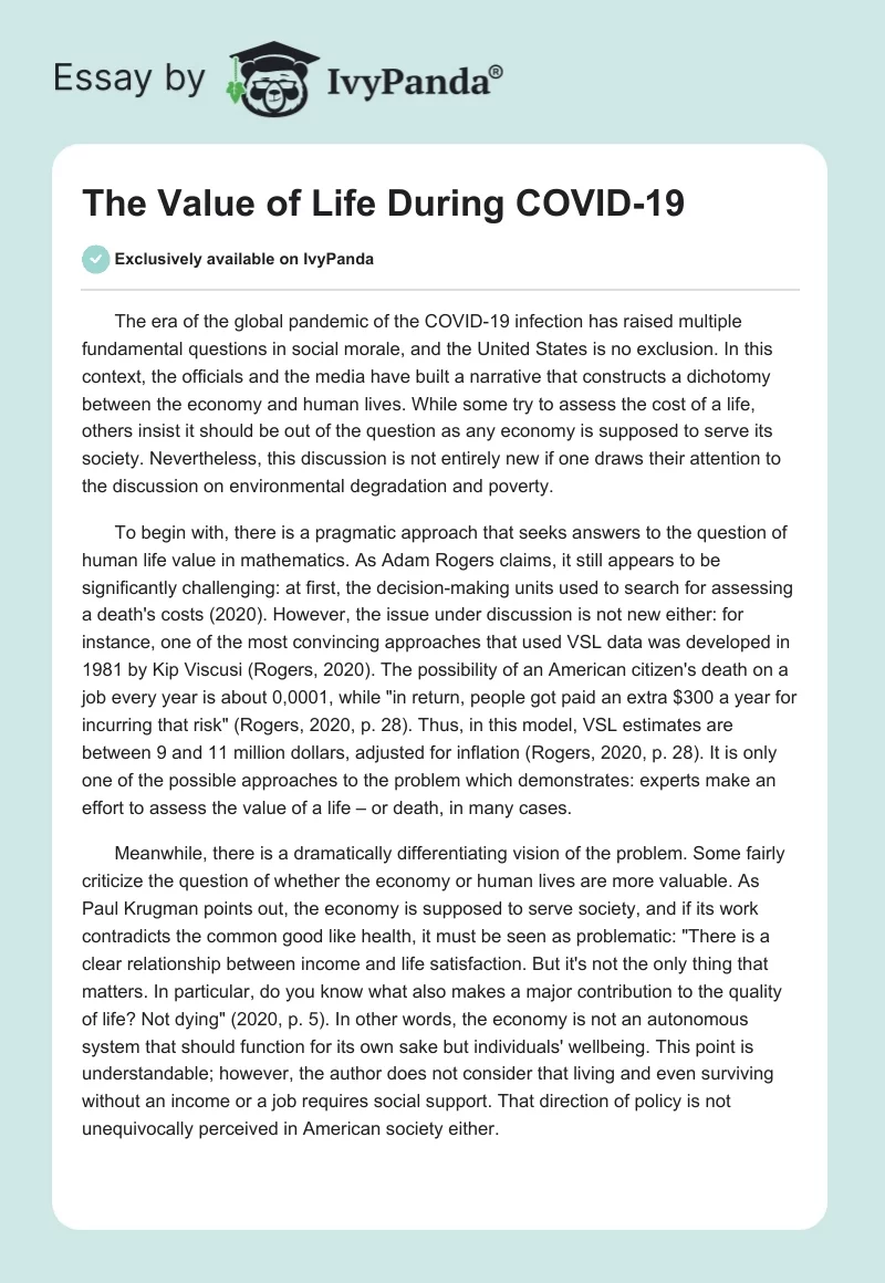 The Value of Life During COVID-19. Page 1