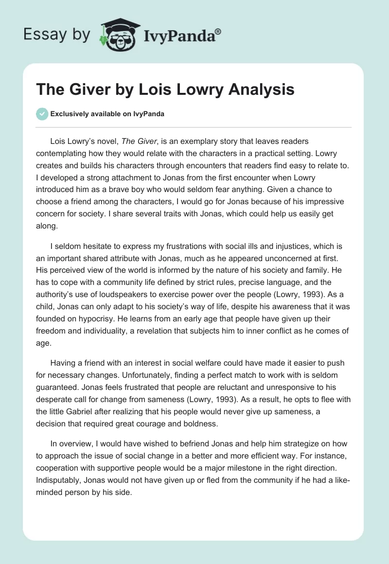 "The Giver" by Lois Lowry Analysis. Page 1