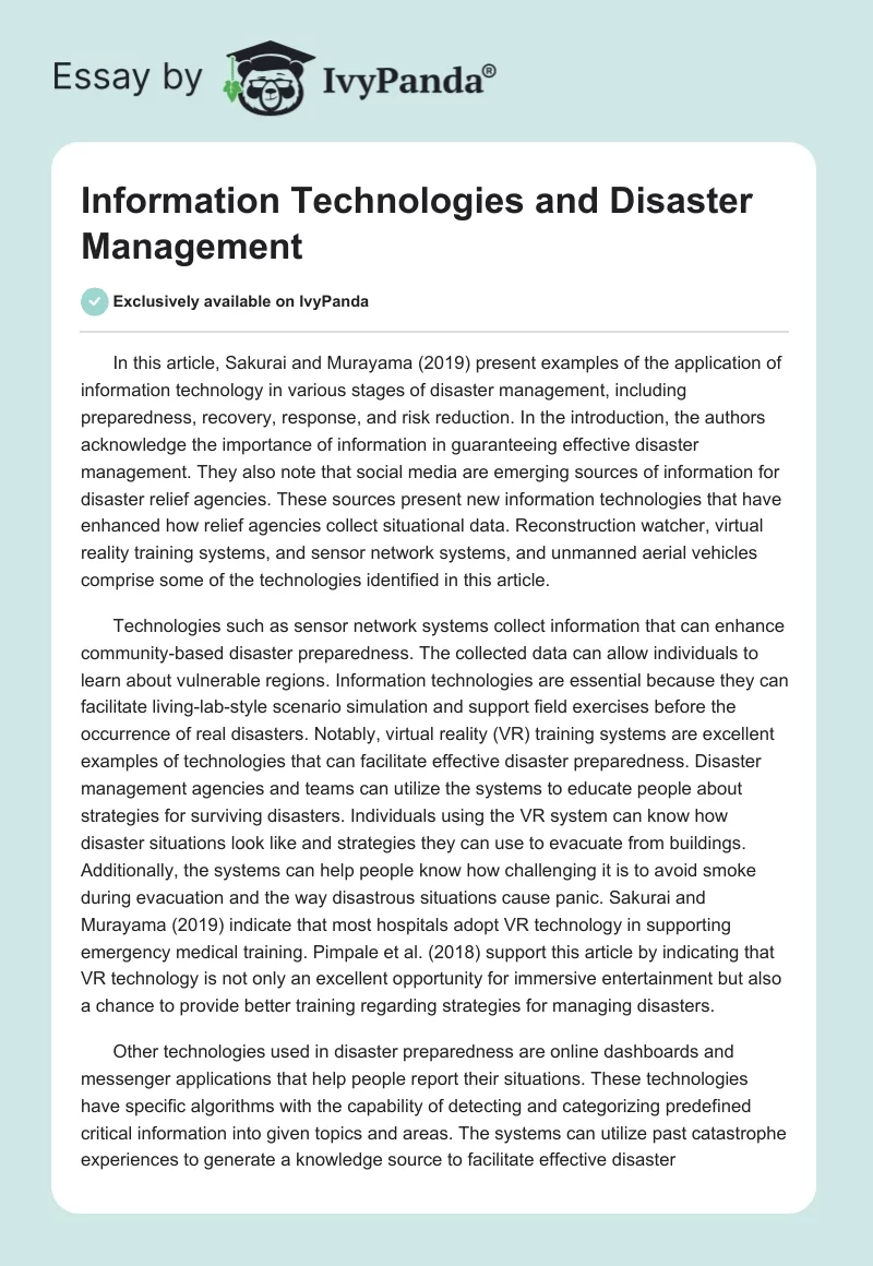 Information Technologies and Disaster Management. Page 1