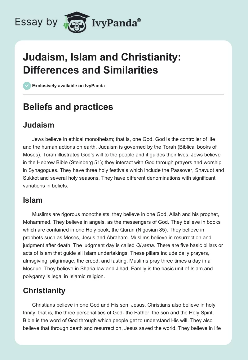 Judaism, Islam and Christianity: Differences and Similarities. Page 1