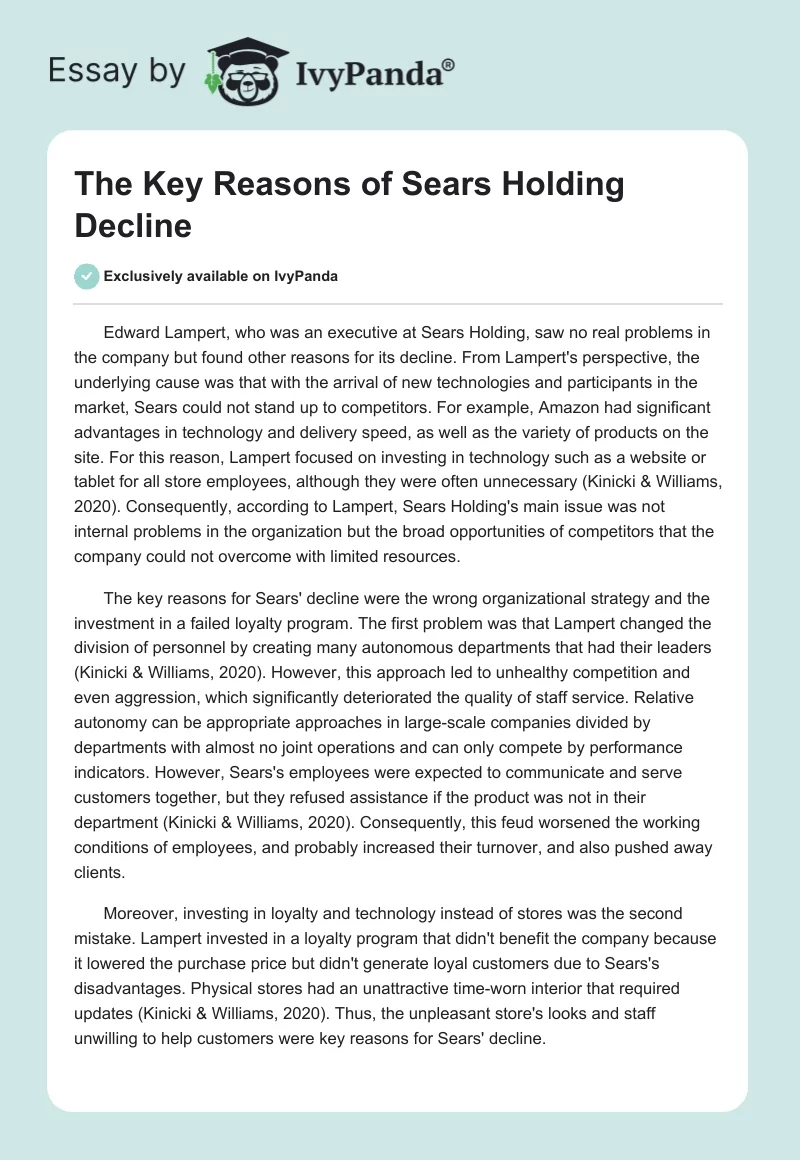 The Key Reasons of Sears Holding Decline. Page 1
