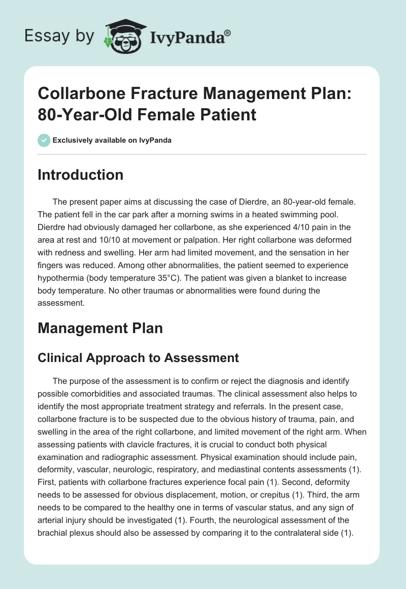 Collarbone Fracture Management Plan: 80-Year-Old Female Patient. Page 1