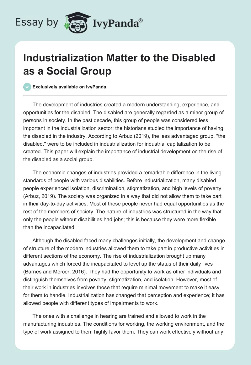 Industrialization Matter to the Disabled as a Social Group. Page 1