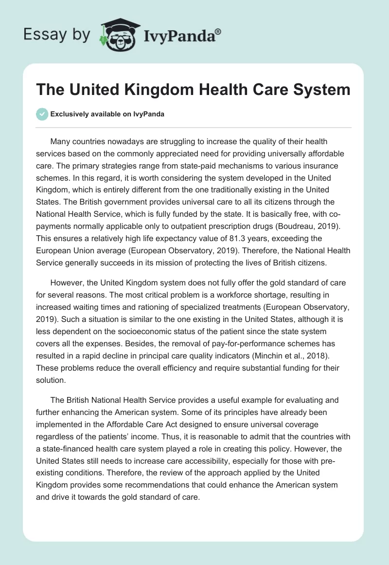 The United Kingdom Health Care System. Page 1