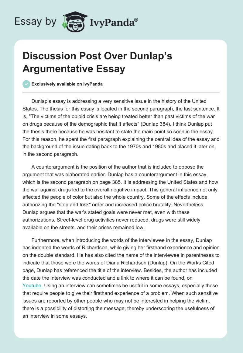 Discussion Post Over Dunlap’s Argumentative Essay. Page 1