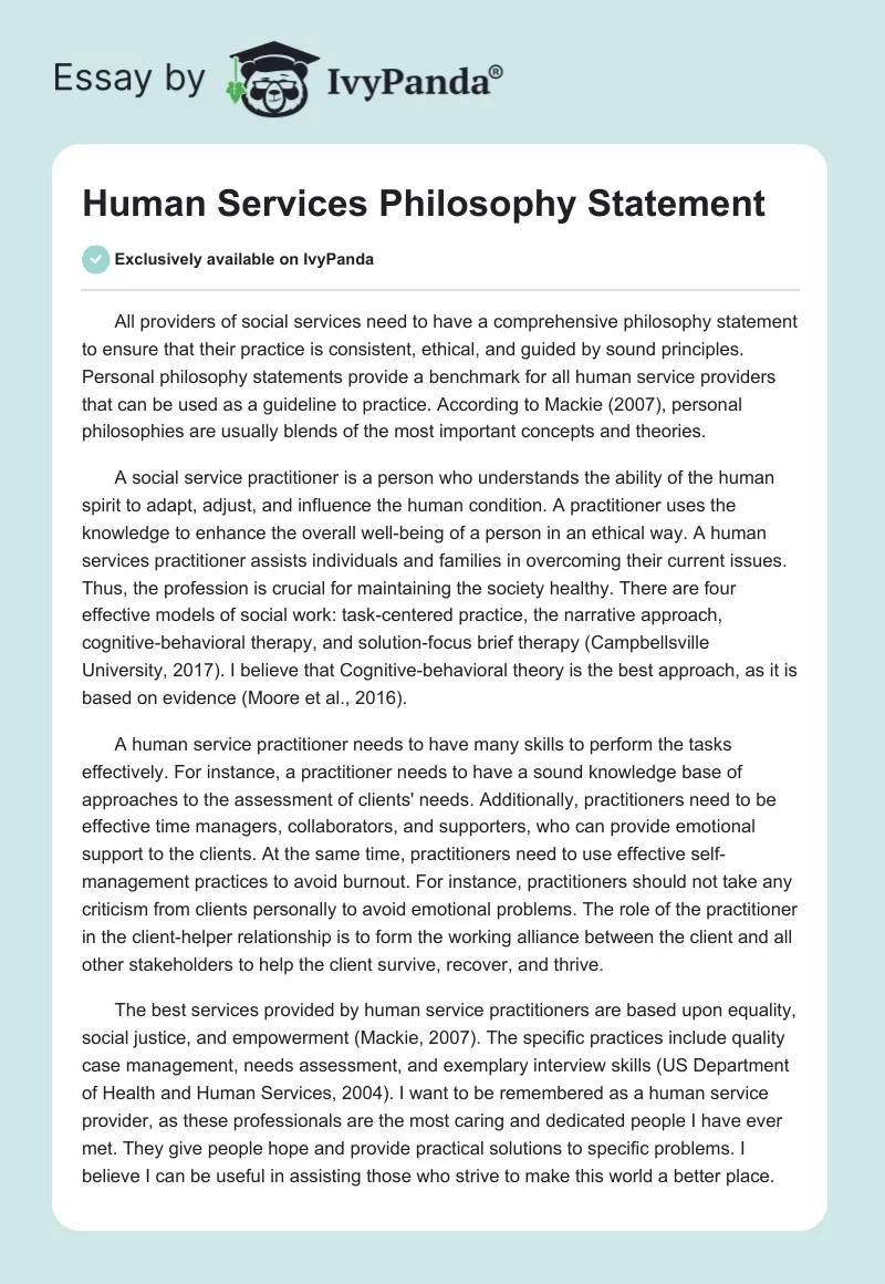 Human Services Philosophy Statement. Page 1
