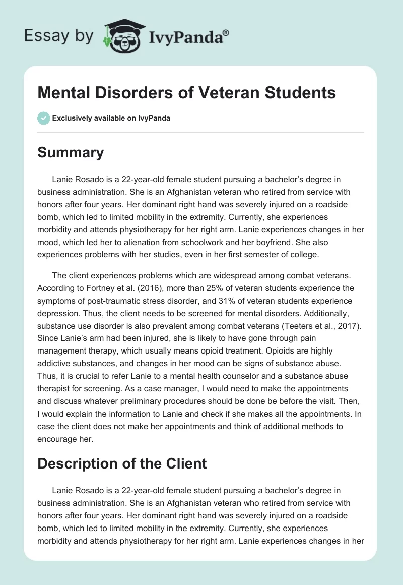 Mental Disorders of Veteran Students. Page 1