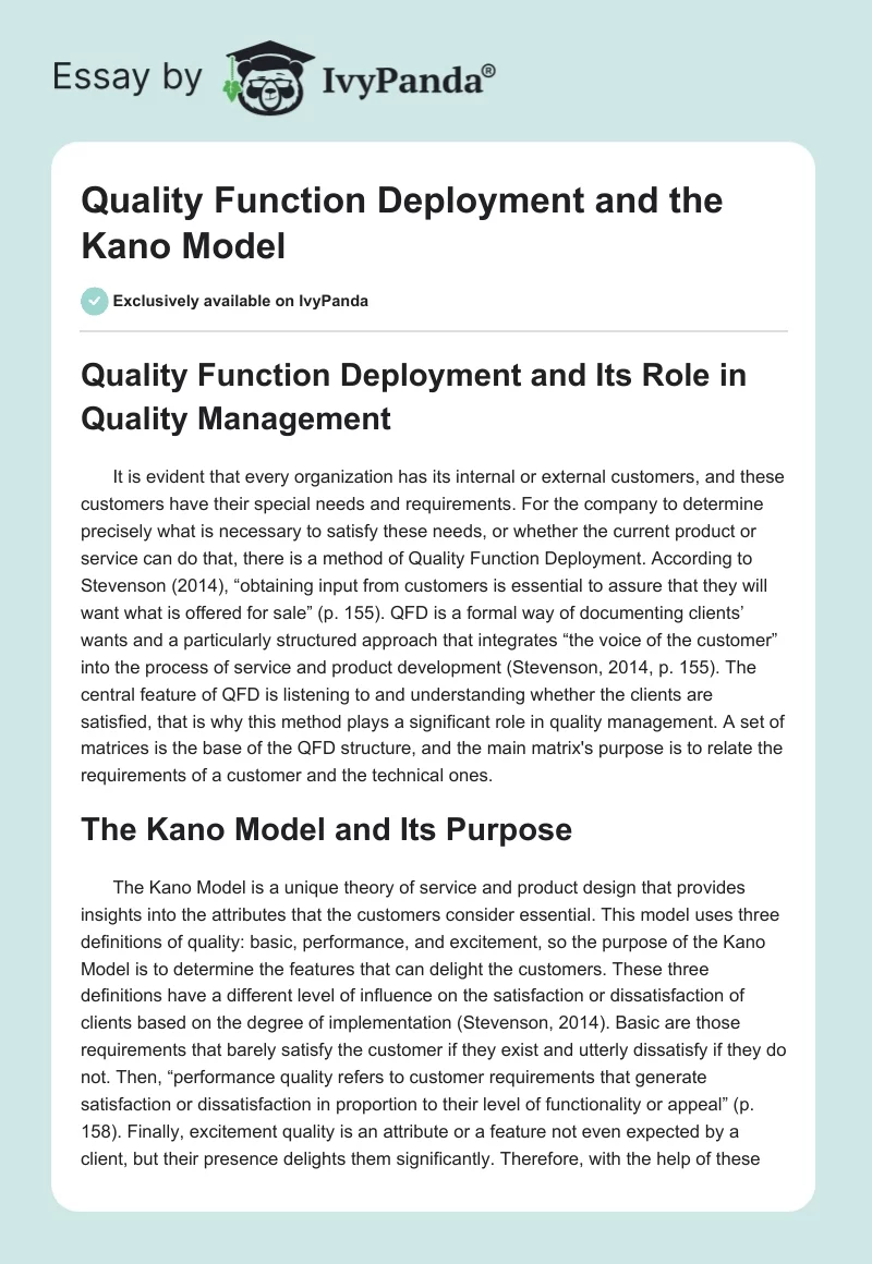 Quality Function Deployment and the Kano Model. Page 1
