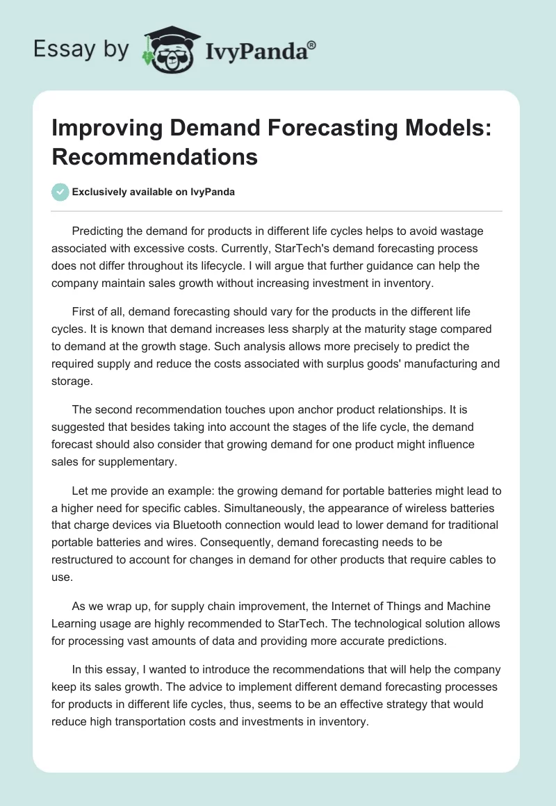 Improving Demand Forecasting Models: Recommendations. Page 1