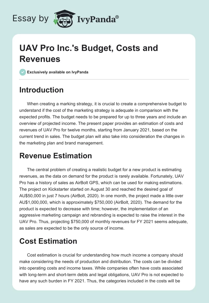 UAV Pro Inc.'s Budget, Costs and Revenues. Page 1