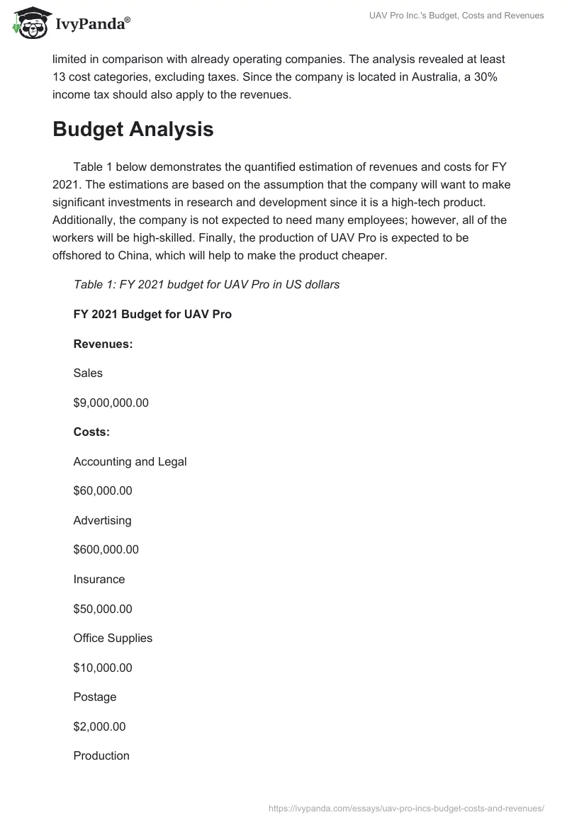 UAV Pro Inc.'s Budget, Costs and Revenues. Page 2