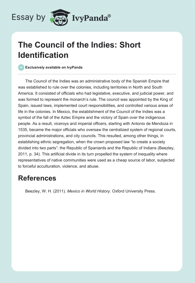 The Council of the Indies: Short Identification. Page 1