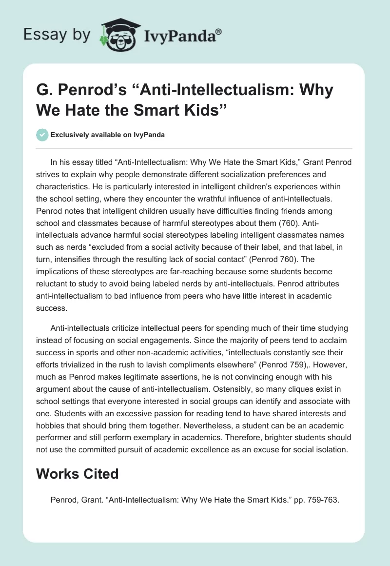 G. Penrod’s “Anti-Intellectualism: Why We Hate the Smart Kids”. Page 1